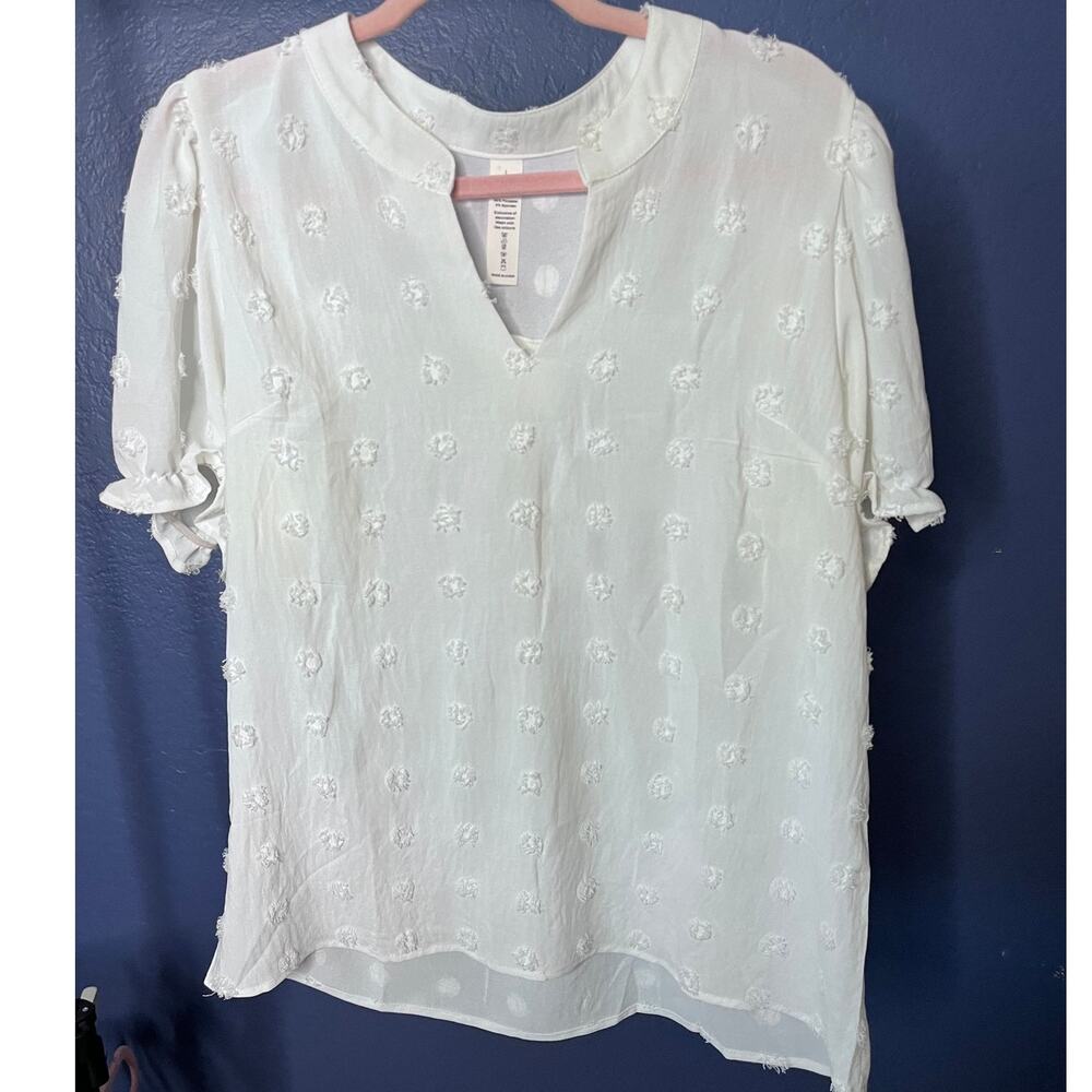 Bobeau White Textured Swiss Dot Blouse Short Sleeve Split Neck Size L - Picture 2 of 6
